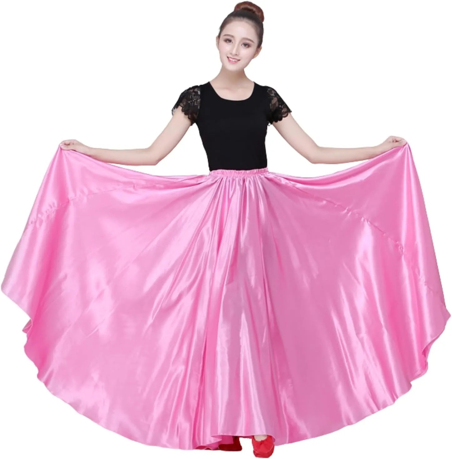 Women Satin Full Circle Ankle Length Swing Long Skirt Maxi Shiny Skirt for Party Cosplay Belly Dance Performance Costume