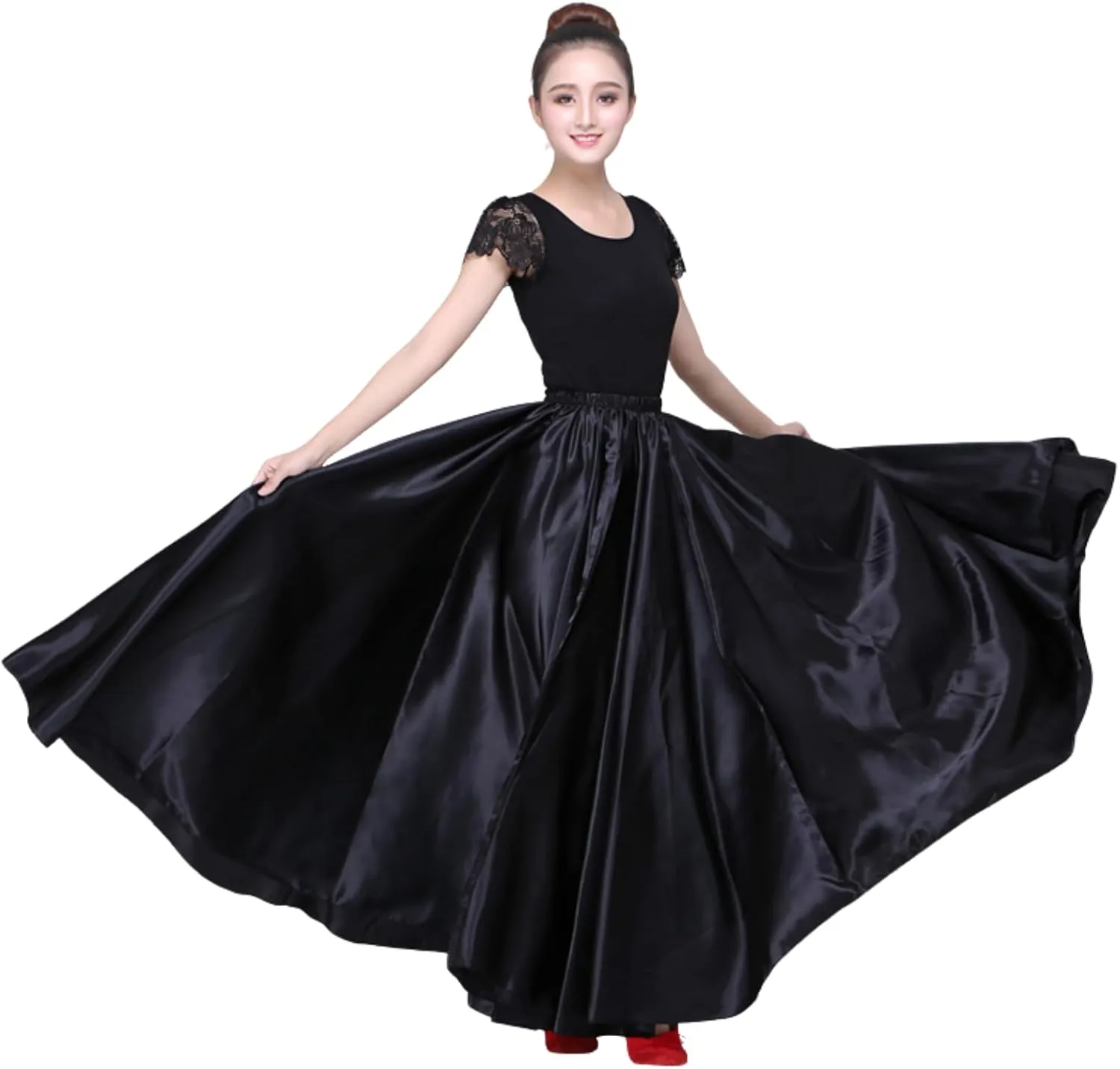 Women Satin Full Circle Ankle Length Swing Long Skirt Maxi Shiny Skirt for Party Cosplay Belly Dance Performance Costume