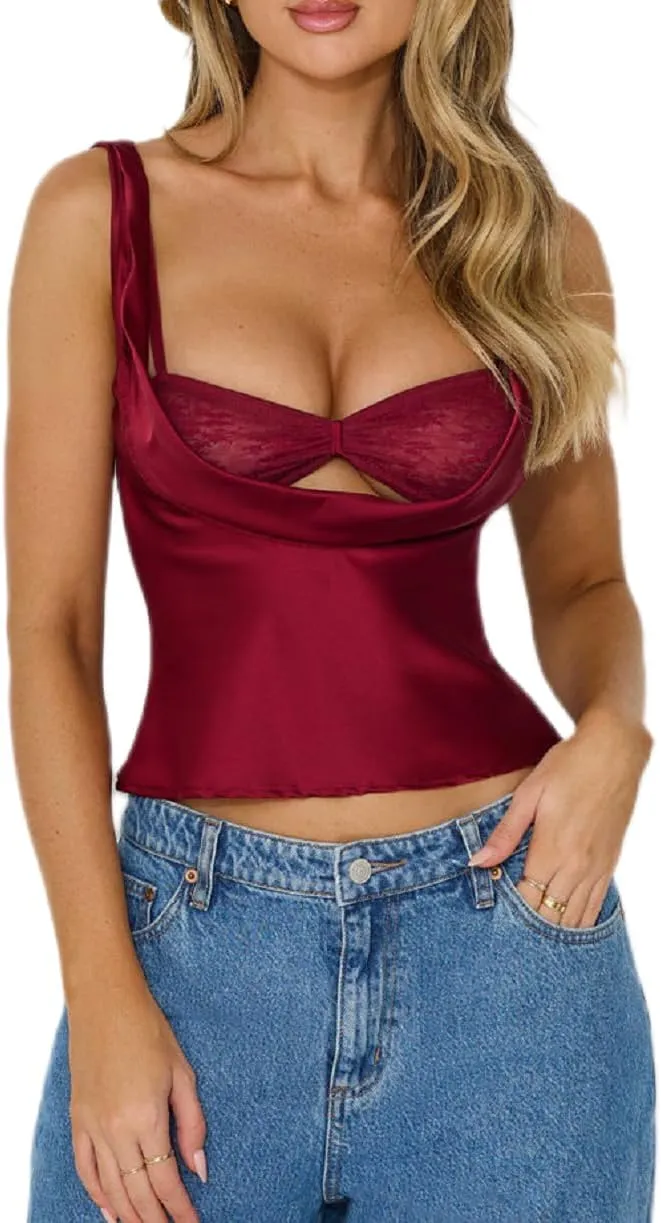 Women Sexy Satin Cutout Tank Tops Sleeveless Cowl Neck Backless Crop Top with Lace Bra
