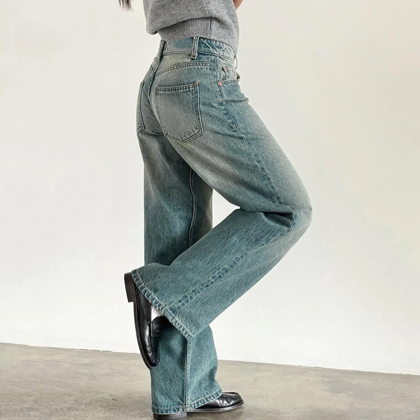 Women Straight Leg Boyfriend Jeans Low Waist Wide Leg Baggy Jeans Vintage Denim Pants