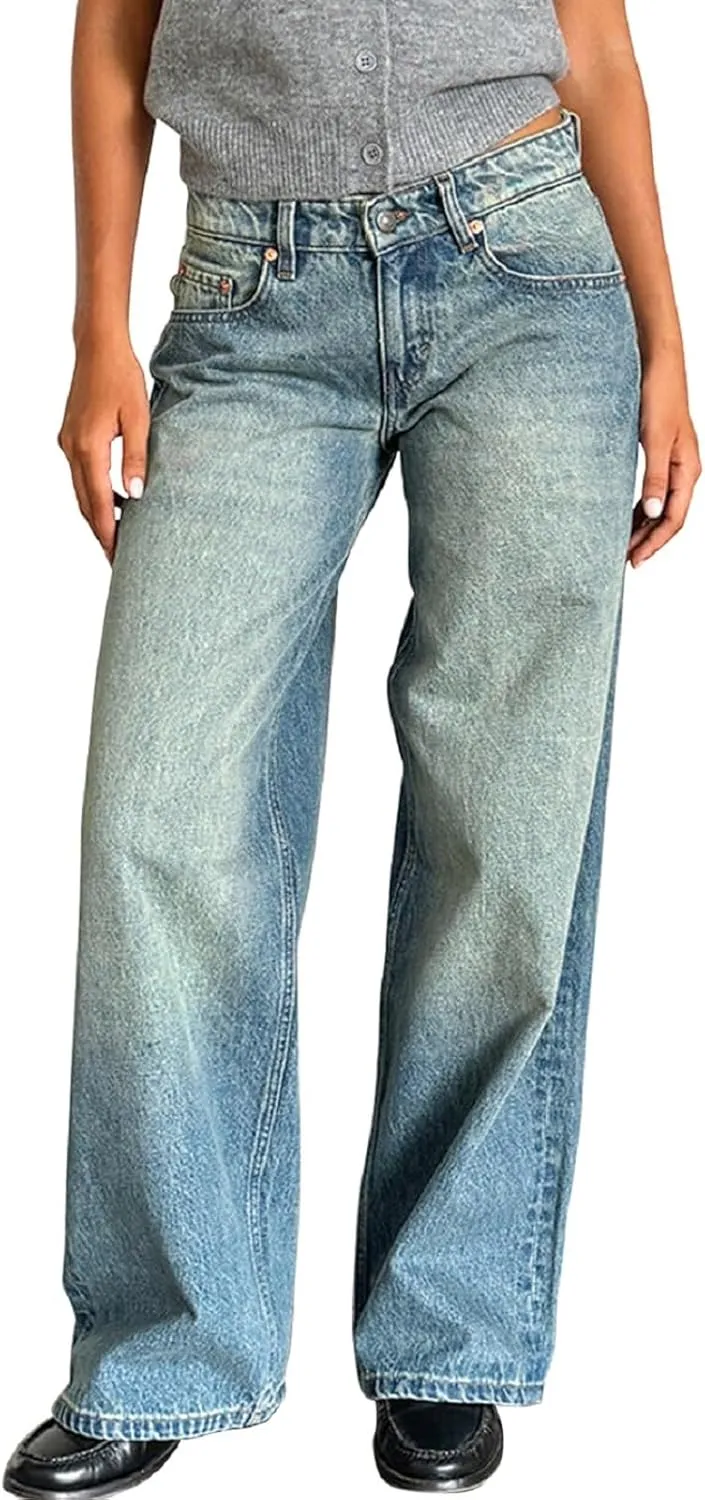 Women Straight Leg Boyfriend Jeans Low Waist Wide Leg Baggy Jeans Vintage Denim Pants