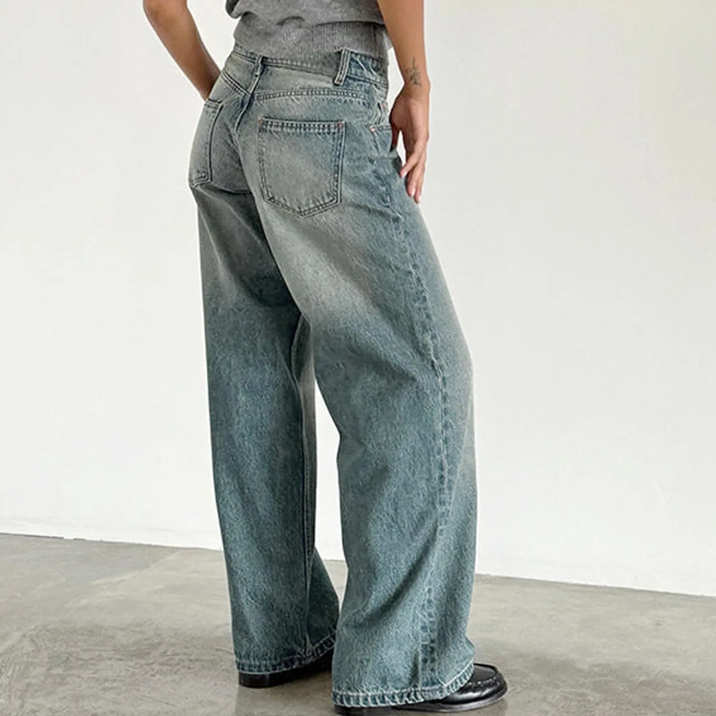 Women Straight Leg Boyfriend Jeans Low Waist Wide Leg Baggy Jeans Vintage Denim Pants