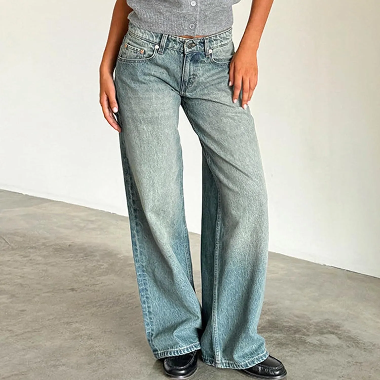 Women Straight Leg Boyfriend Jeans Low Waist Wide Leg Baggy Jeans Vintage Denim Pants