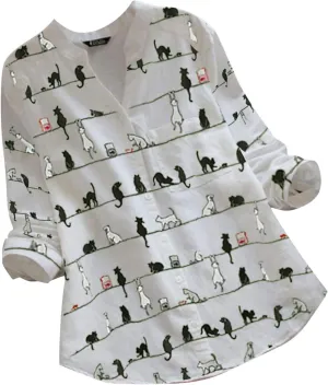 Women Summer 3/4 Sleeve Shirts Button Down Loose Fit Blouses 2024 Fashion Cat Print T-Shirts Plus Size Loose Tops