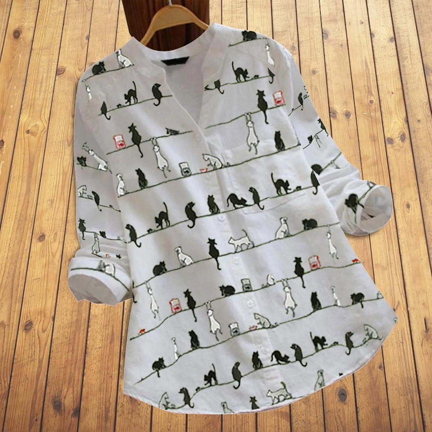 Women Summer 3/4 Sleeve Shirts Button Down Loose Fit Blouses 2024 Fashion Cat Print T-Shirts Plus Size Loose Tops