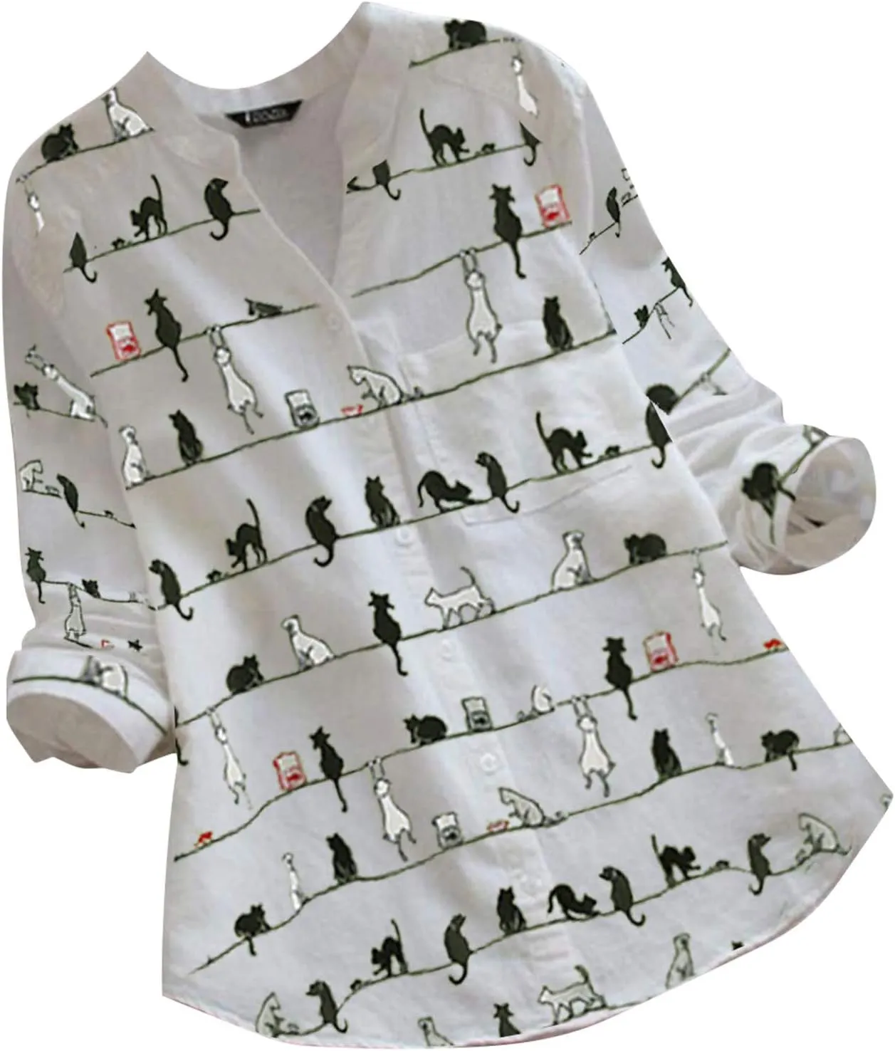 Women Summer 3/4 Sleeve Shirts Button Down Loose Fit Blouses 2024 Fashion Cat Print T-Shirts Plus Size Loose Tops