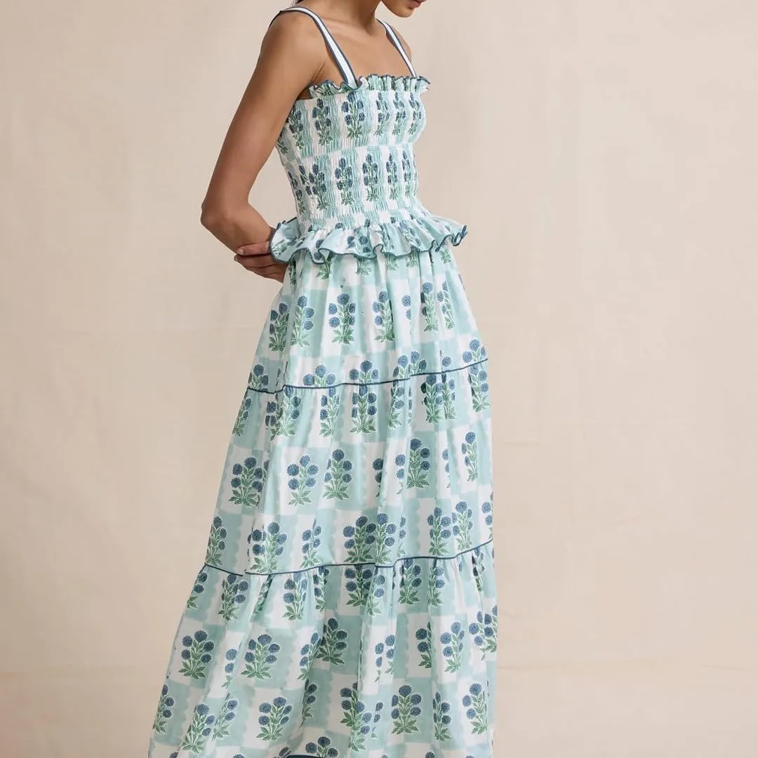 Women Summer Boho Tie Shoulder Dress Y2k Floral Smocked Flowy Long Dress Ruffle Tiered Beach Vocation Sundress