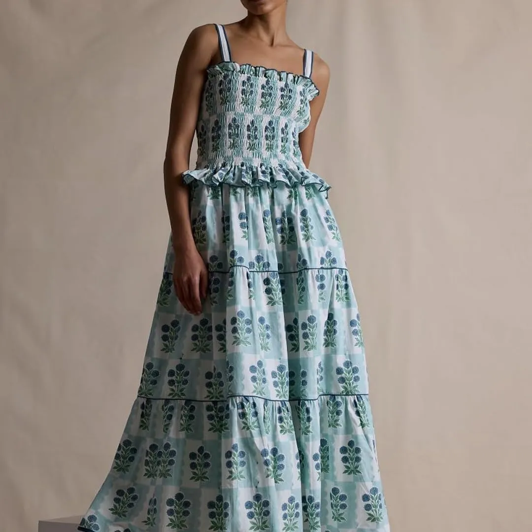 Women Summer Boho Tie Shoulder Dress Y2k Floral Smocked Flowy Long Dress Ruffle Tiered Beach Vocation Sundress