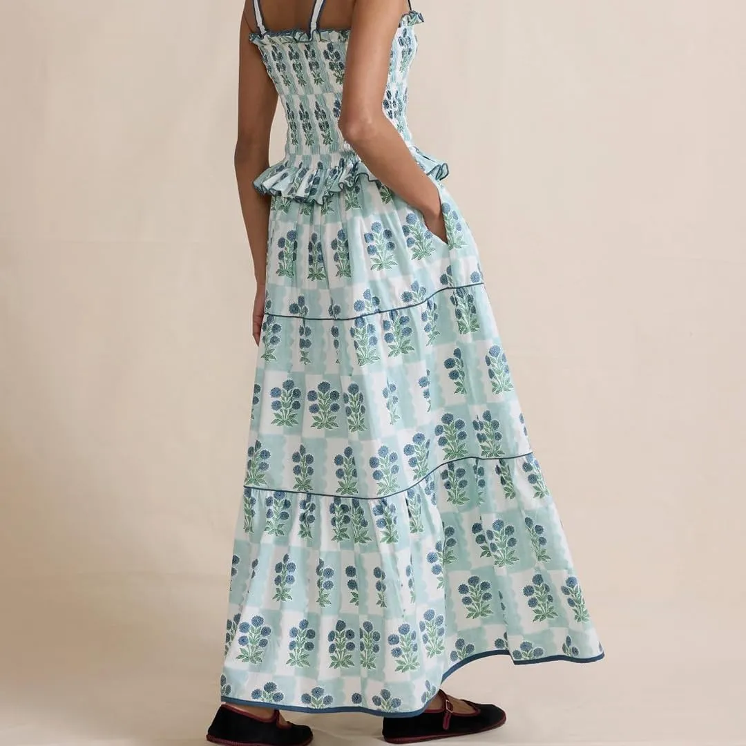 Women Summer Boho Tie Shoulder Dress Y2k Floral Smocked Flowy Long Dress Ruffle Tiered Beach Vocation Sundress