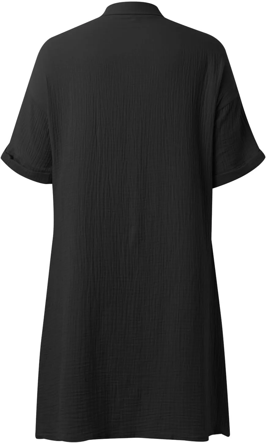 Women Summer Cotton Linen Button Down Dress Short Sleeve Dresses Floral V Neck Beach Tshirt Dress with Pockets 2025