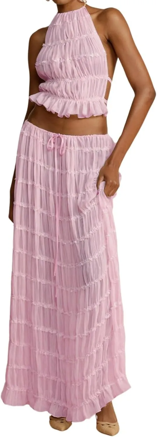 Women Y2K Maxi Skirt Set Sleeveless Halter Ruched Cami Top Flowy Long Skirt Mesh 2 Piece Outfts Beachwear