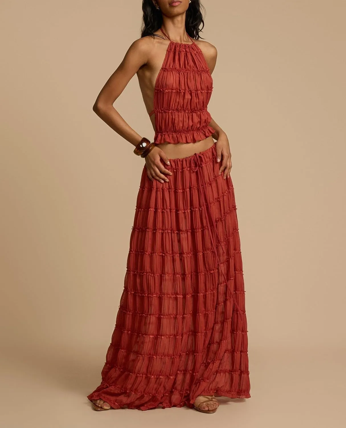 Women Y2K Maxi Skirt Set Sleeveless Halter Ruched Cami Top Flowy Long Skirt Mesh 2 Piece Outfts Beachwear