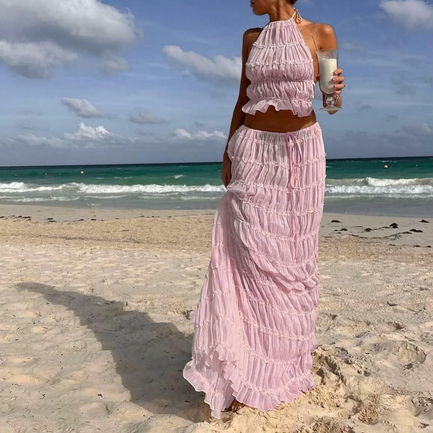 Women Y2K Maxi Skirt Set Sleeveless Halter Ruched Cami Top Flowy Long Skirt Mesh 2 Piece Outfts Beachwear