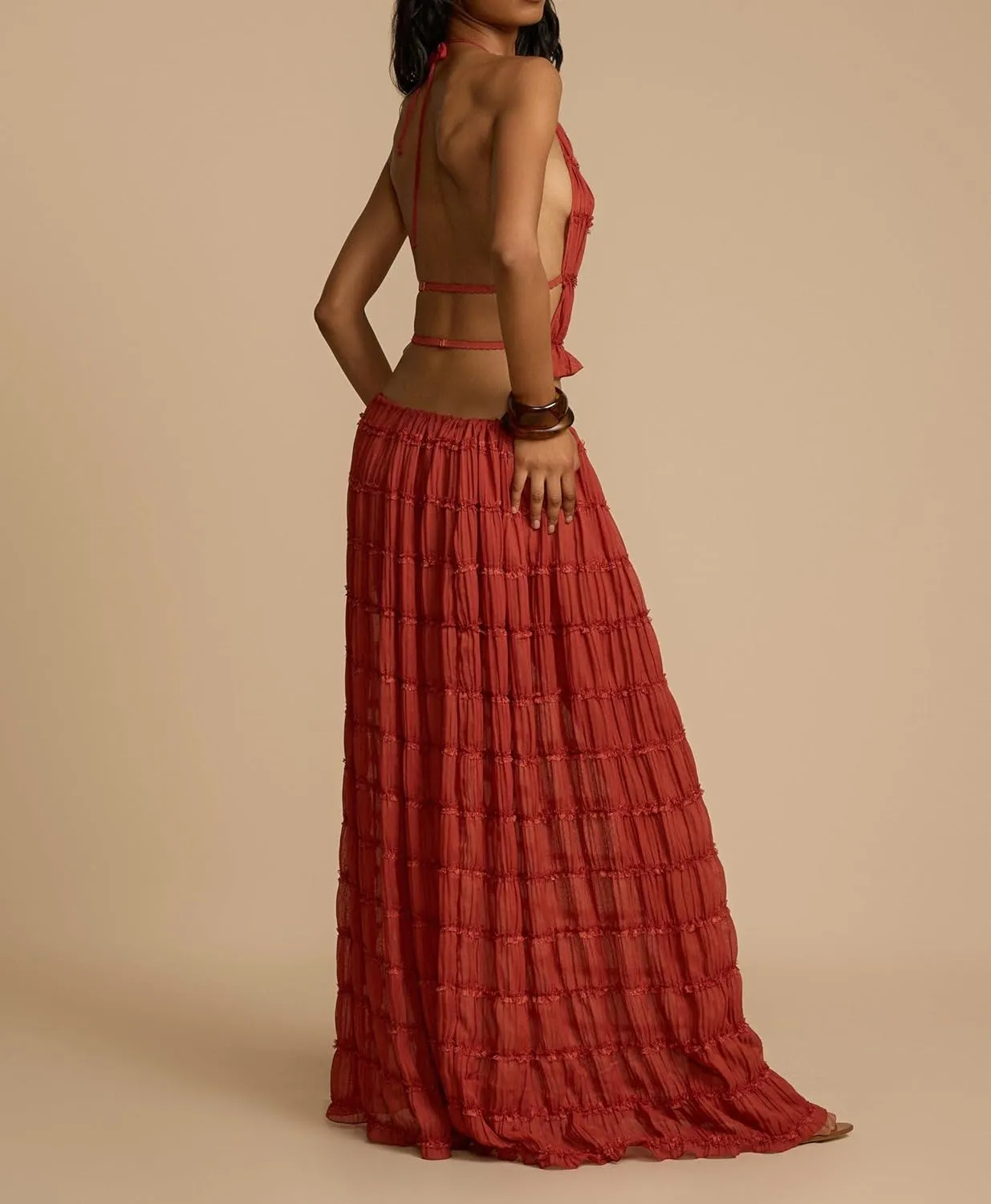Women Y2K Maxi Skirt Set Sleeveless Halter Ruched Cami Top Flowy Long Skirt Mesh 2 Piece Outfts Beachwear