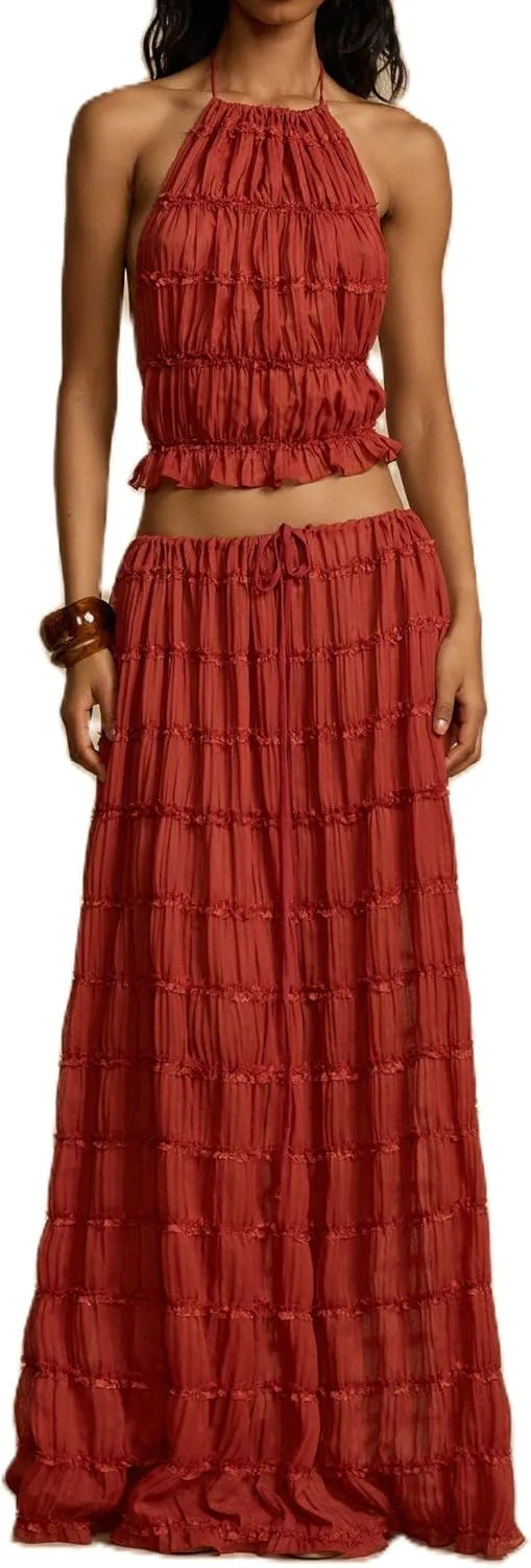 Women Y2K Maxi Skirt Set Sleeveless Halter Ruched Cami Top Flowy Long Skirt Mesh 2 Piece Outfts Beachwear