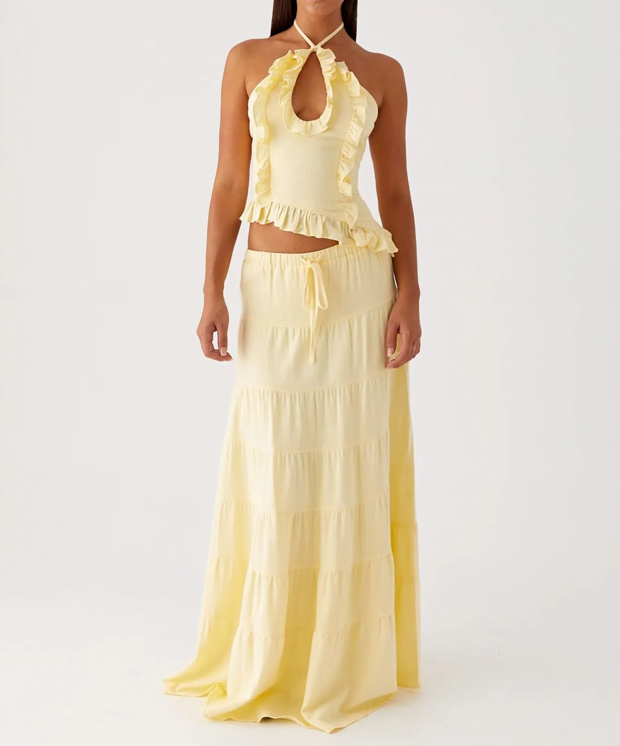 Women Y2K Maxi Skirt Set Sleeveless Halter Ruched Cami Top Flowy Long Skirt Mesh 2 Piece Outfts Beachwear