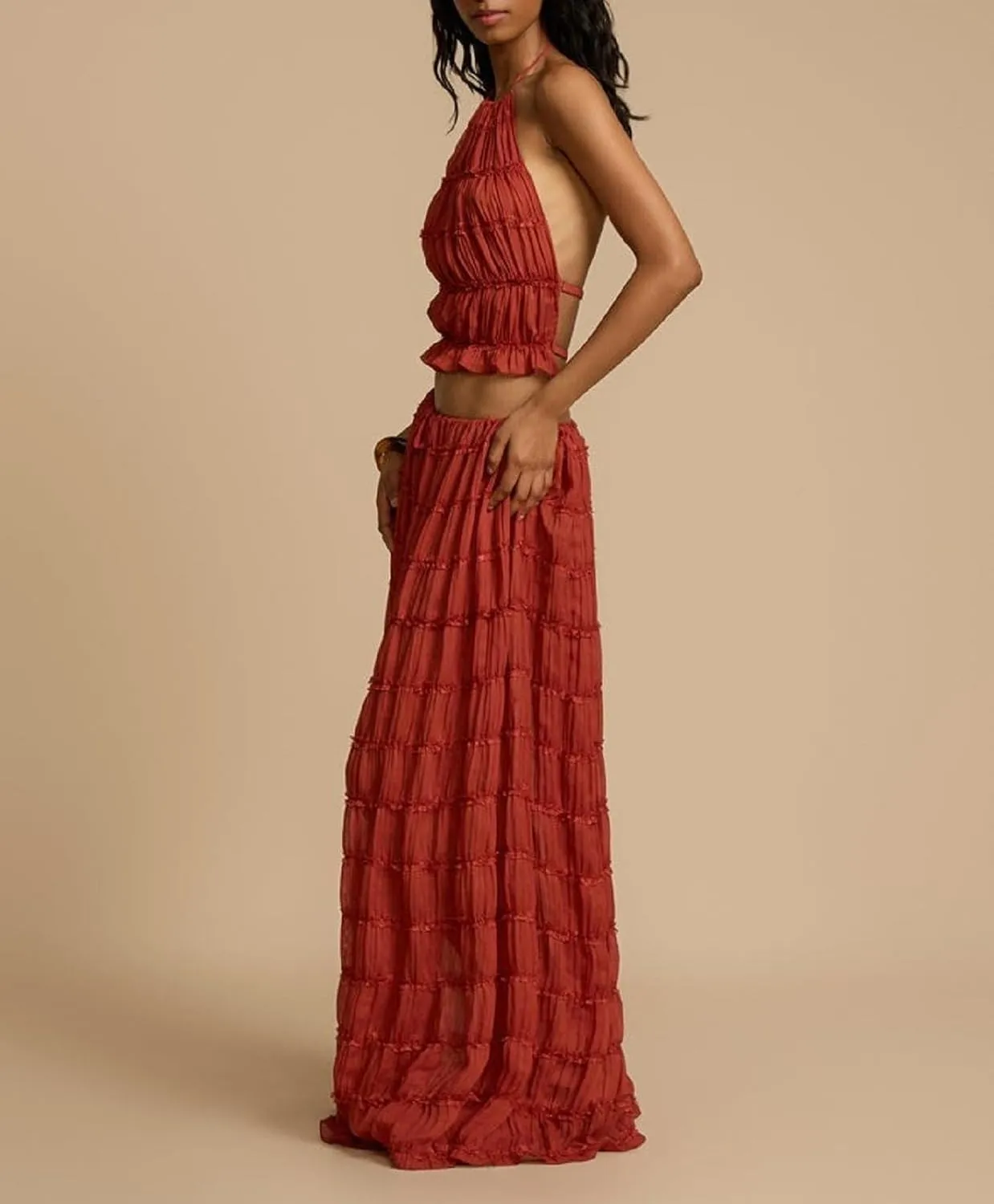 Women Y2K Maxi Skirt Set Sleeveless Halter Ruched Cami Top Flowy Long Skirt Mesh 2 Piece Outfts Beachwear