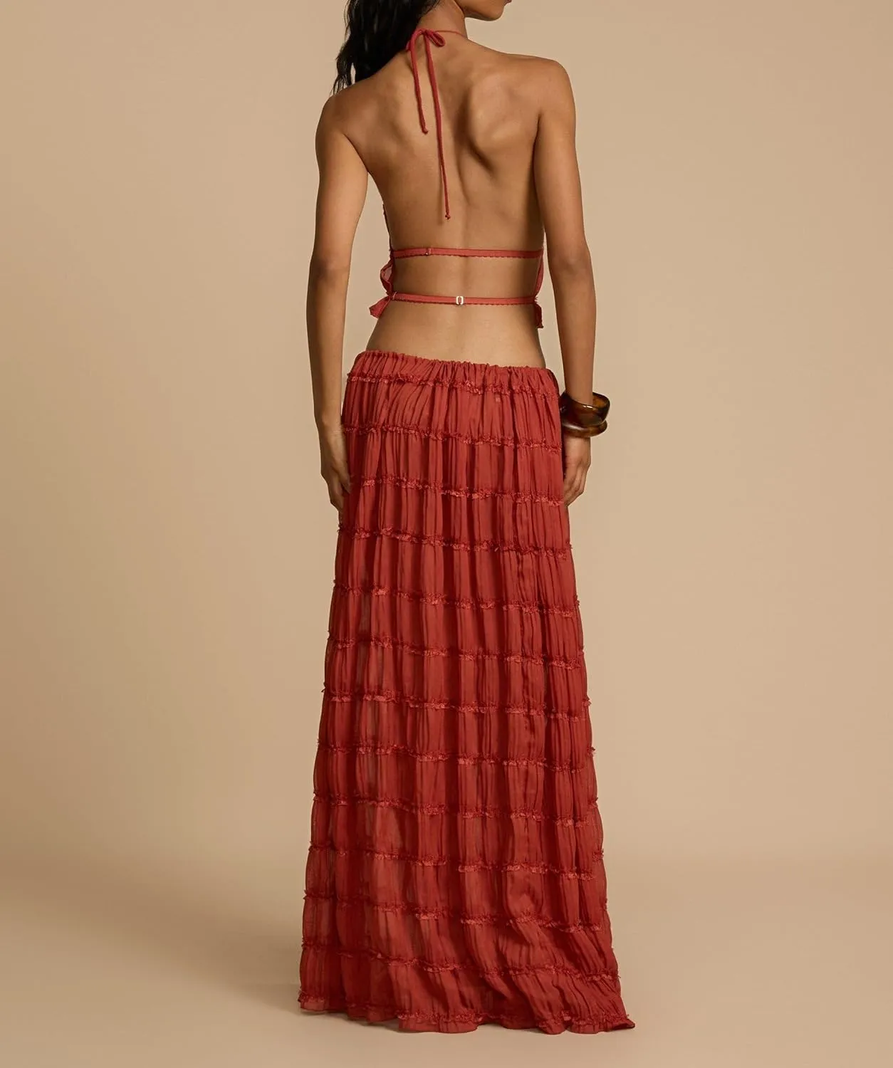 Women Y2K Maxi Skirt Set Sleeveless Halter Ruched Cami Top Flowy Long Skirt Mesh 2 Piece Outfts Beachwear