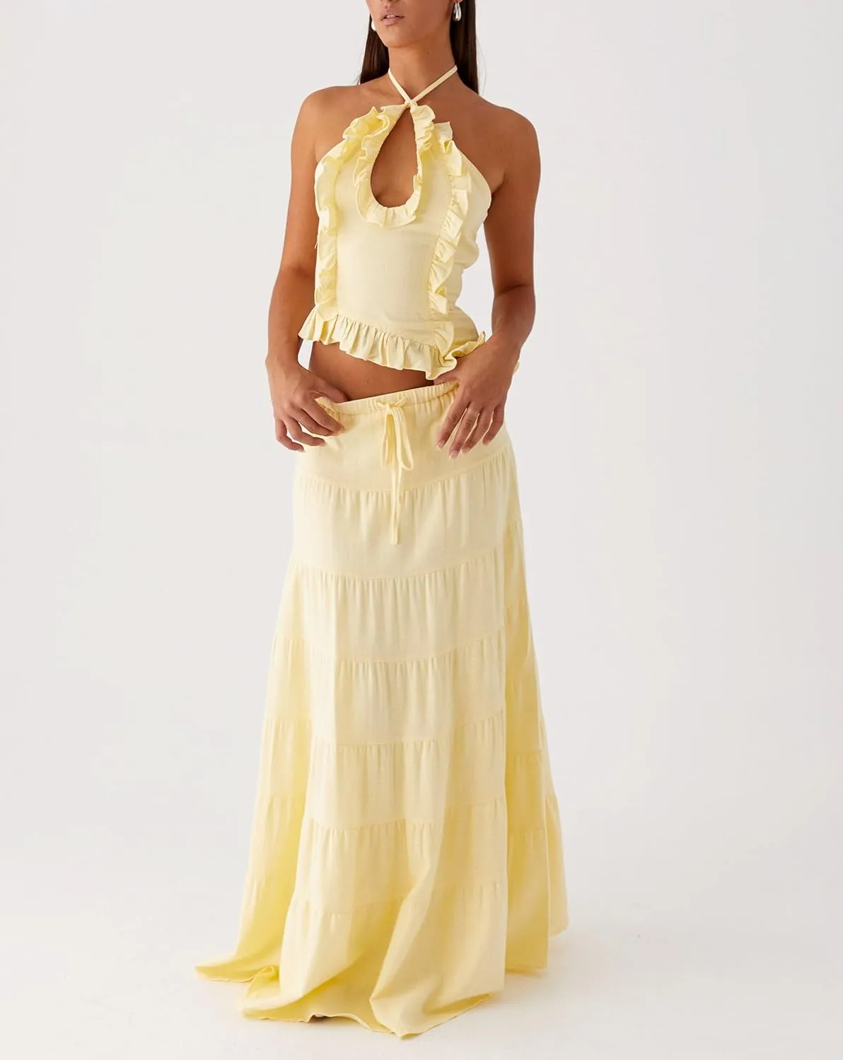 Women Y2K Maxi Skirt Set Sleeveless Halter Ruched Cami Top Flowy Long Skirt Mesh 2 Piece Outfts Beachwear
