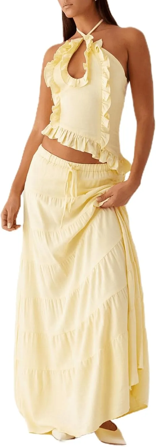 Women Y2K Maxi Skirt Set Sleeveless Halter Ruched Cami Top Flowy Long Skirt Mesh 2 Piece Outfts Beachwear