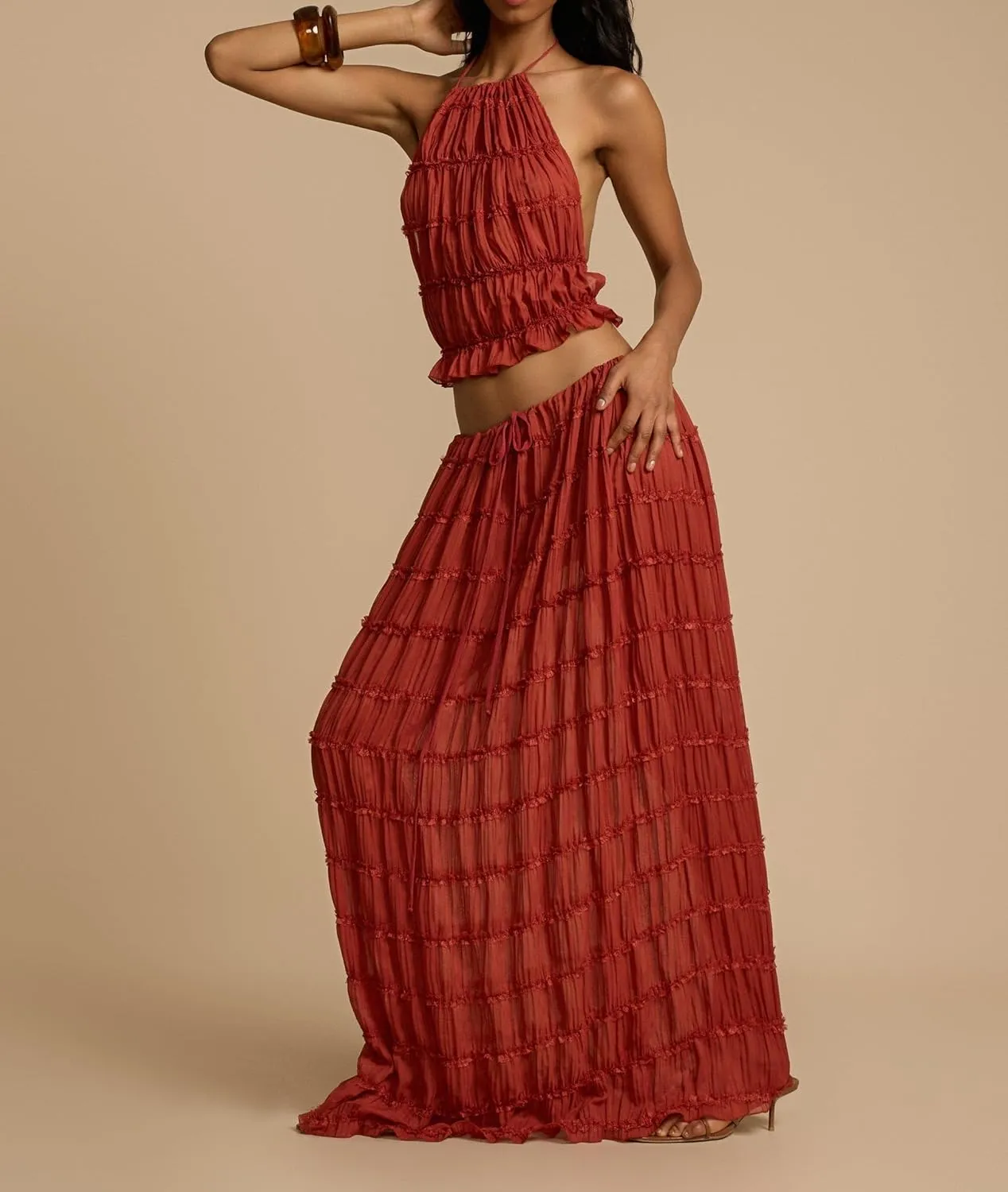 Women Y2K Maxi Skirt Set Sleeveless Halter Ruched Cami Top Flowy Long Skirt Mesh 2 Piece Outfts Beachwear