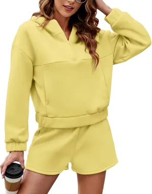 Womens 2 Piece Sweatsuit Outfits Half Zip Hoodie Sweat with Shorts Pockets Lounge Winter Tracksuit Wear Matching Set