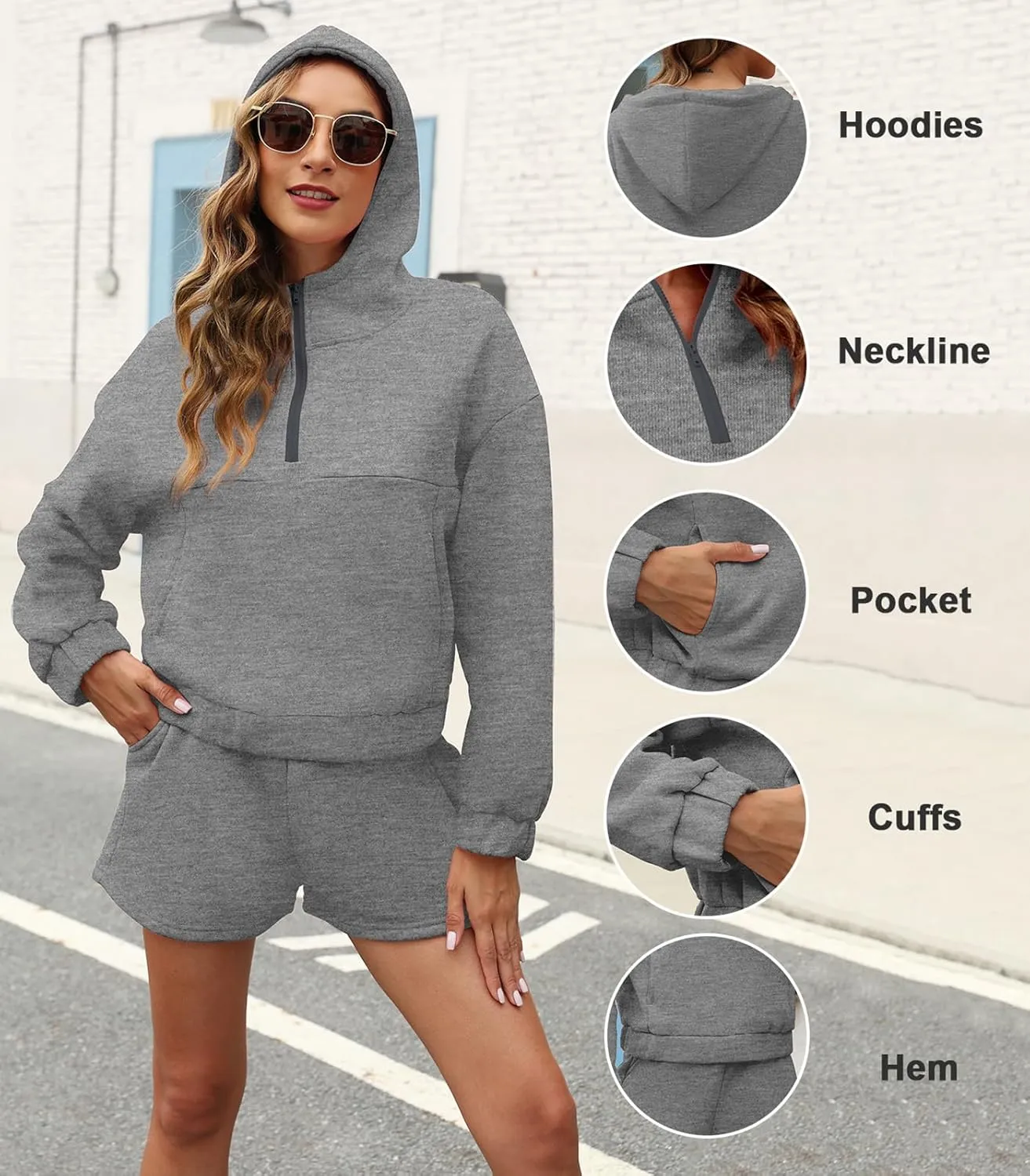 Womens 2 Piece Sweatsuit Outfits Half Zip Hoodie Sweat with Shorts Pockets Lounge Winter Tracksuit Wear Matching Set