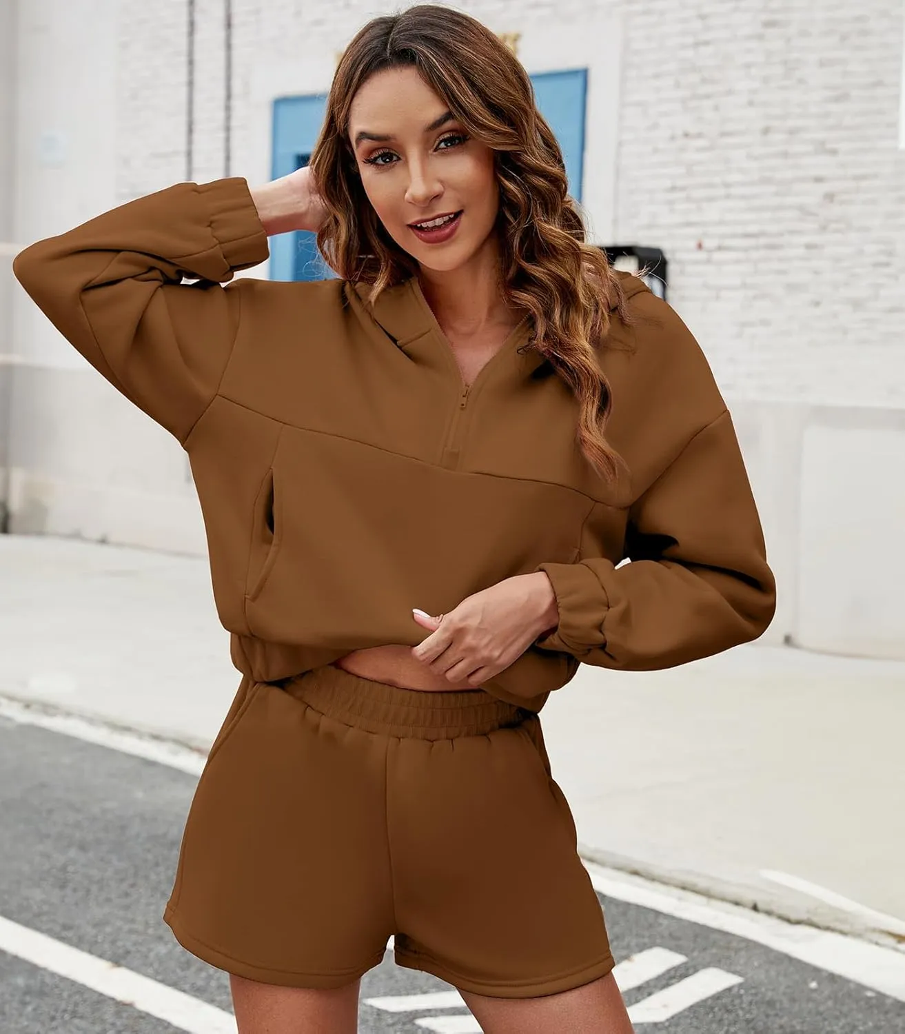 Womens 2 Piece Sweatsuit Outfits Half Zip Hoodie Sweat with Shorts Pockets Lounge Winter Tracksuit Wear Matching Set
