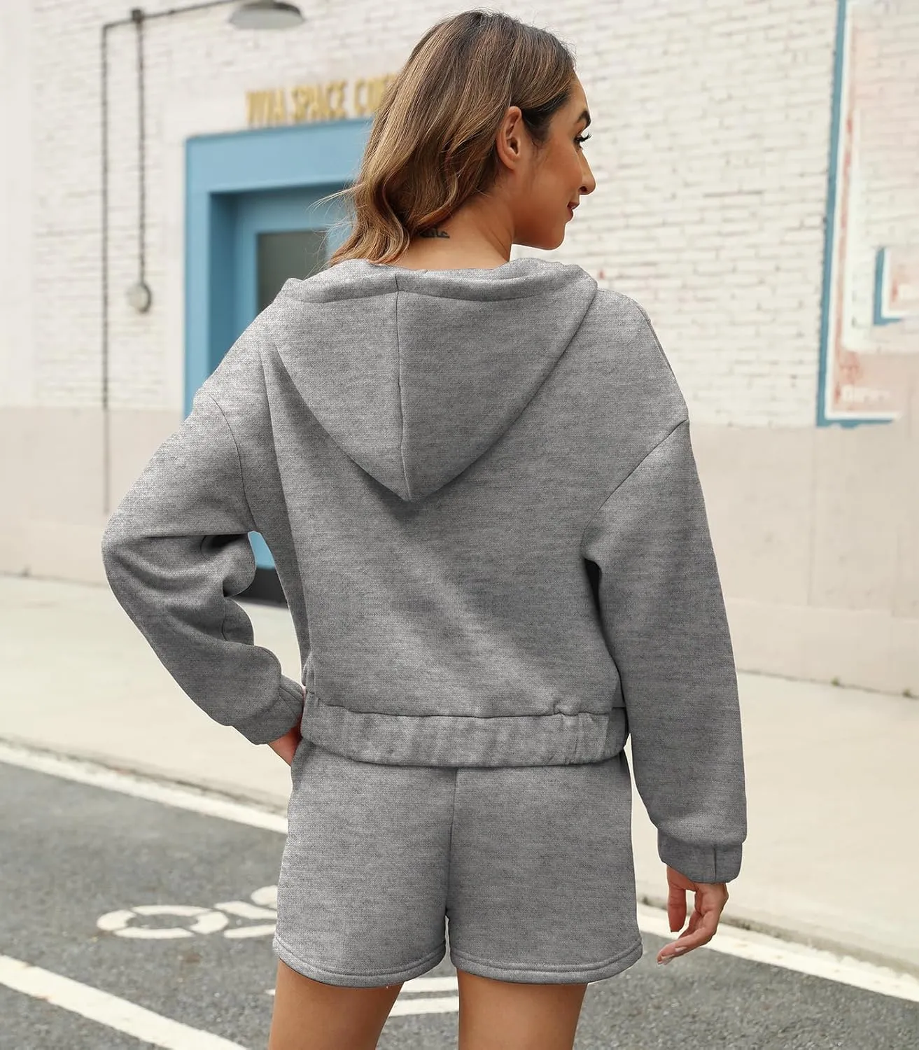Womens 2 Piece Sweatsuit Outfits Half Zip Hoodie Sweat with Shorts Pockets Lounge Winter Tracksuit Wear Matching Set