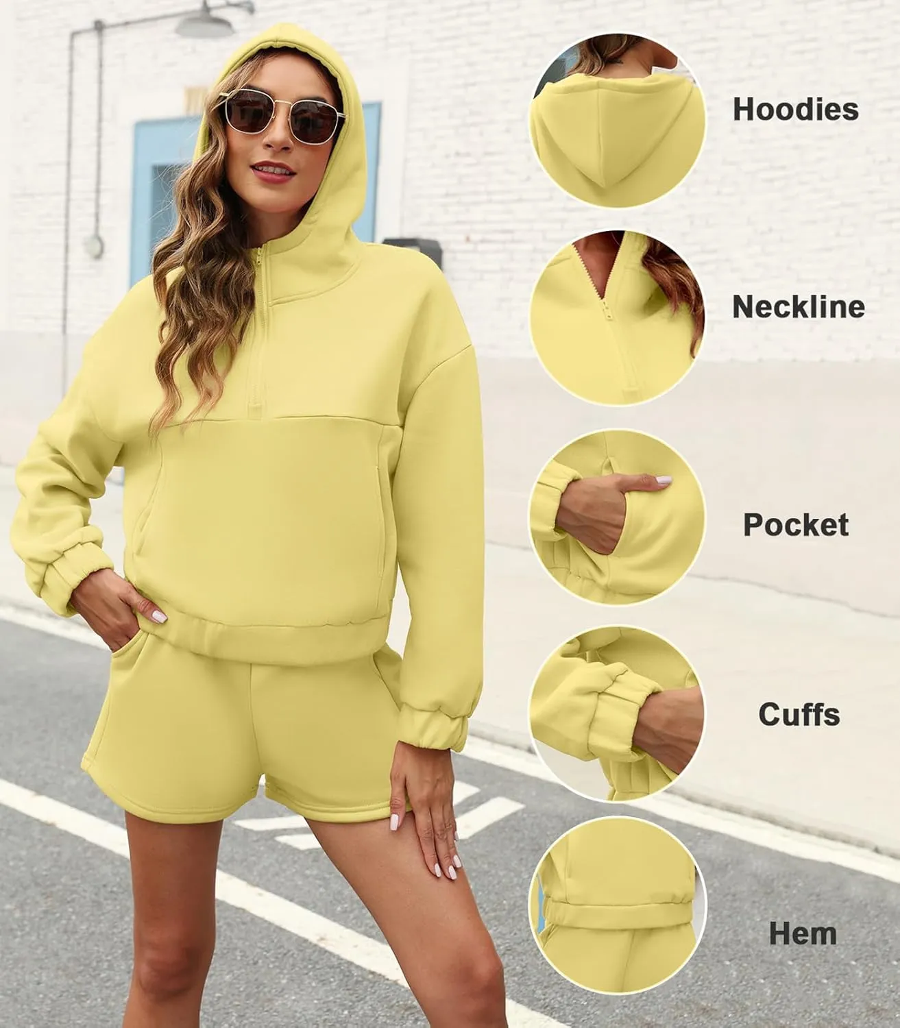 Womens 2 Piece Sweatsuit Outfits Half Zip Hoodie Sweat with Shorts Pockets Lounge Winter Tracksuit Wear Matching Set