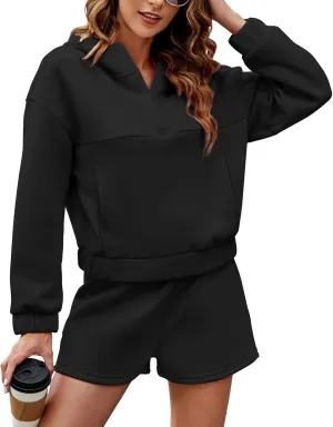 Womens 2 Piece Sweatsuit Outfits Half Zip Hoodie Sweat with Shorts Pockets Lounge Winter Tracksuit Wear Matching Set