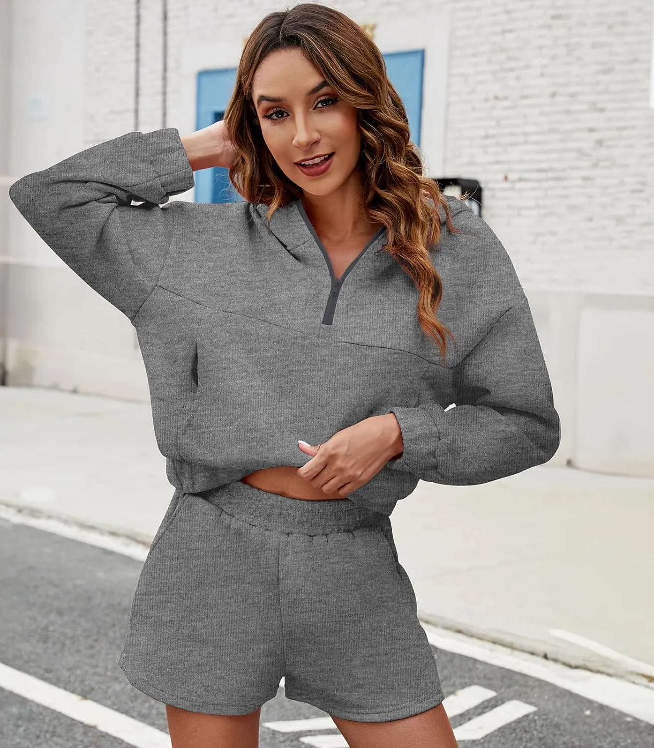 Womens 2 Piece Sweatsuit Outfits Half Zip Hoodie Sweat with Shorts Pockets Lounge Winter Tracksuit Wear Matching Set
