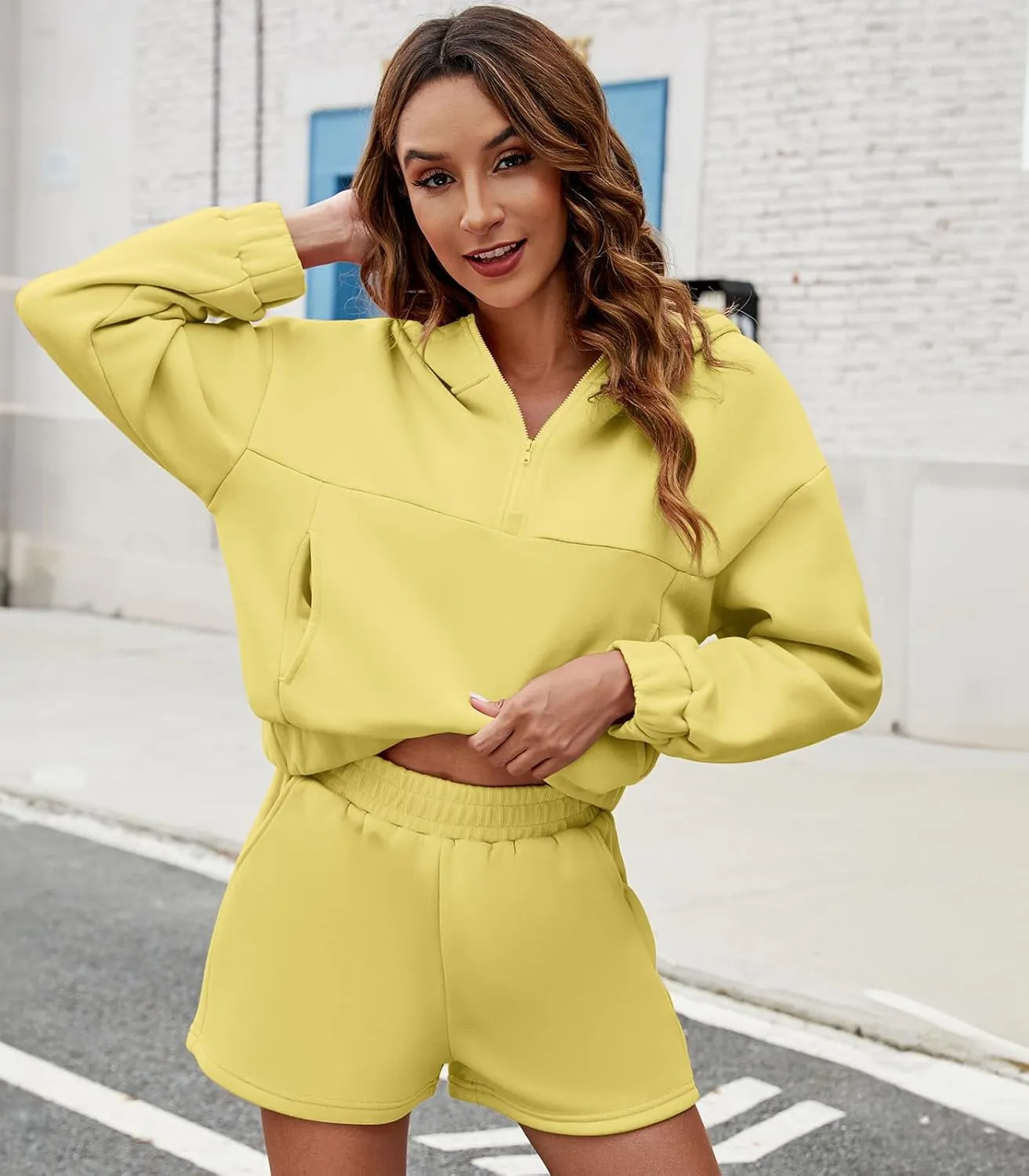 Womens 2 Piece Sweatsuit Outfits Half Zip Hoodie Sweat with Shorts Pockets Lounge Winter Tracksuit Wear Matching Set
