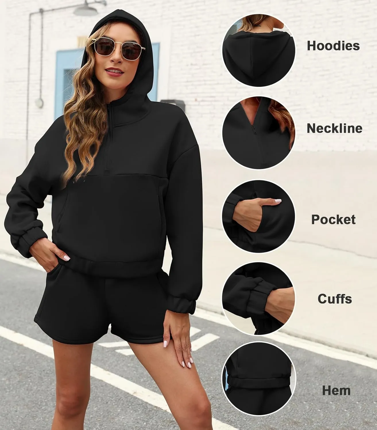 Womens 2 Piece Sweatsuit Outfits Half Zip Hoodie Sweat with Shorts Pockets Lounge Winter Tracksuit Wear Matching Set