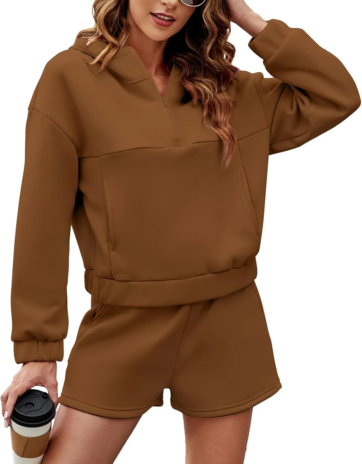 Womens 2 Piece Sweatsuit Outfits Half Zip Hoodie Sweat with Shorts Pockets Lounge Winter Tracksuit Wear Matching Set