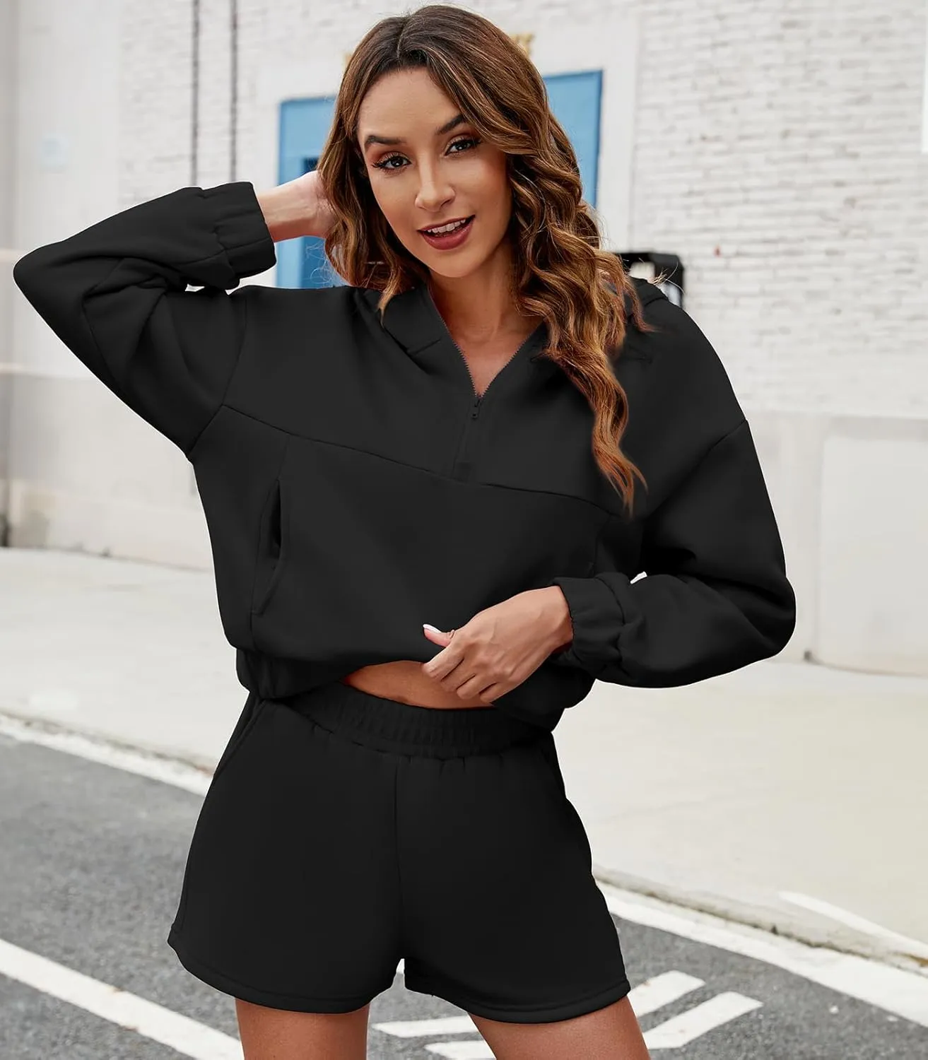 Womens 2 Piece Sweatsuit Outfits Half Zip Hoodie Sweat with Shorts Pockets Lounge Winter Tracksuit Wear Matching Set