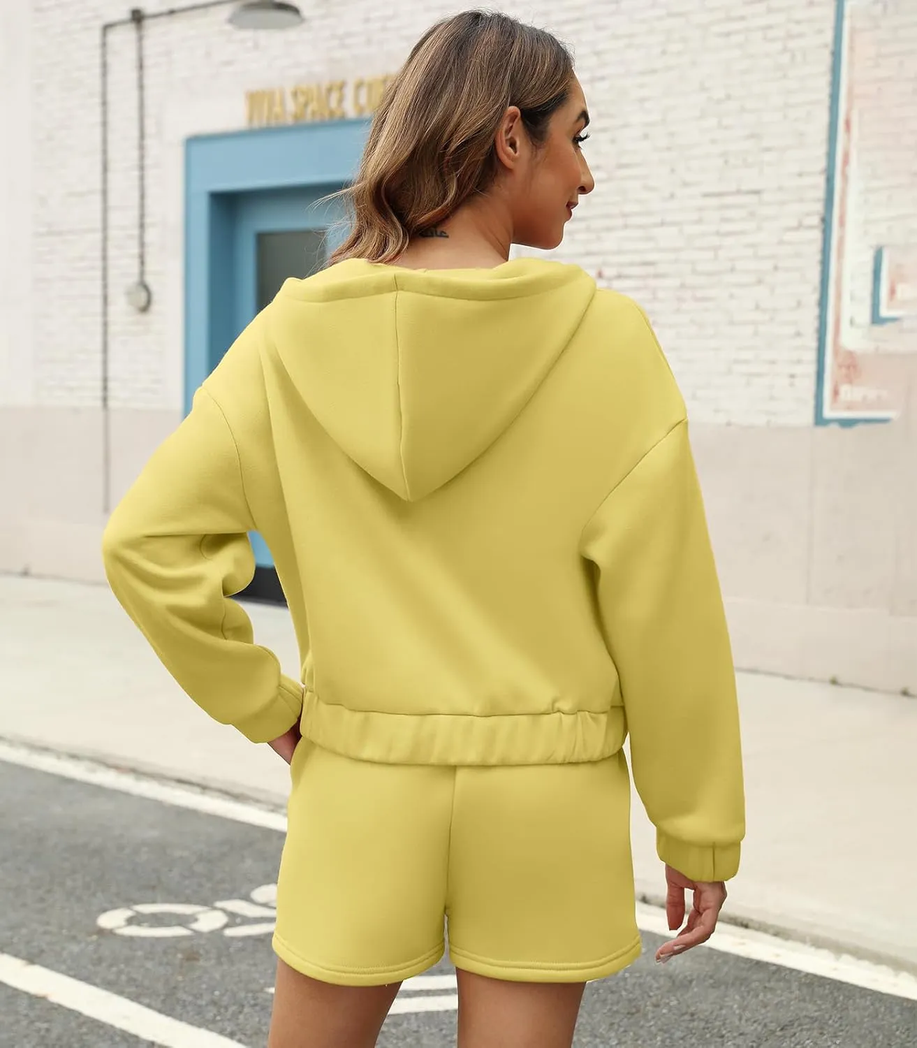 Womens 2 Piece Sweatsuit Outfits Half Zip Hoodie Sweat with Shorts Pockets Lounge Winter Tracksuit Wear Matching Set