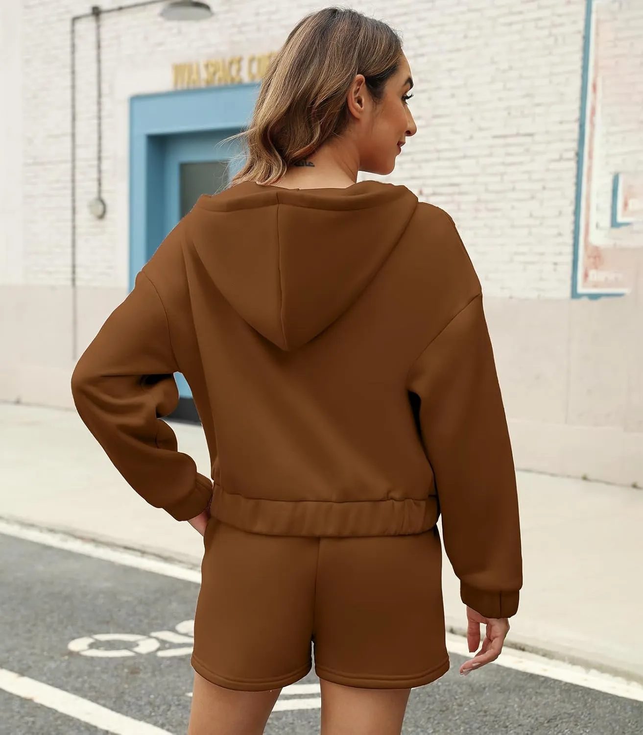 Womens 2 Piece Sweatsuit Outfits Half Zip Hoodie Sweat with Shorts Pockets Lounge Winter Tracksuit Wear Matching Set
