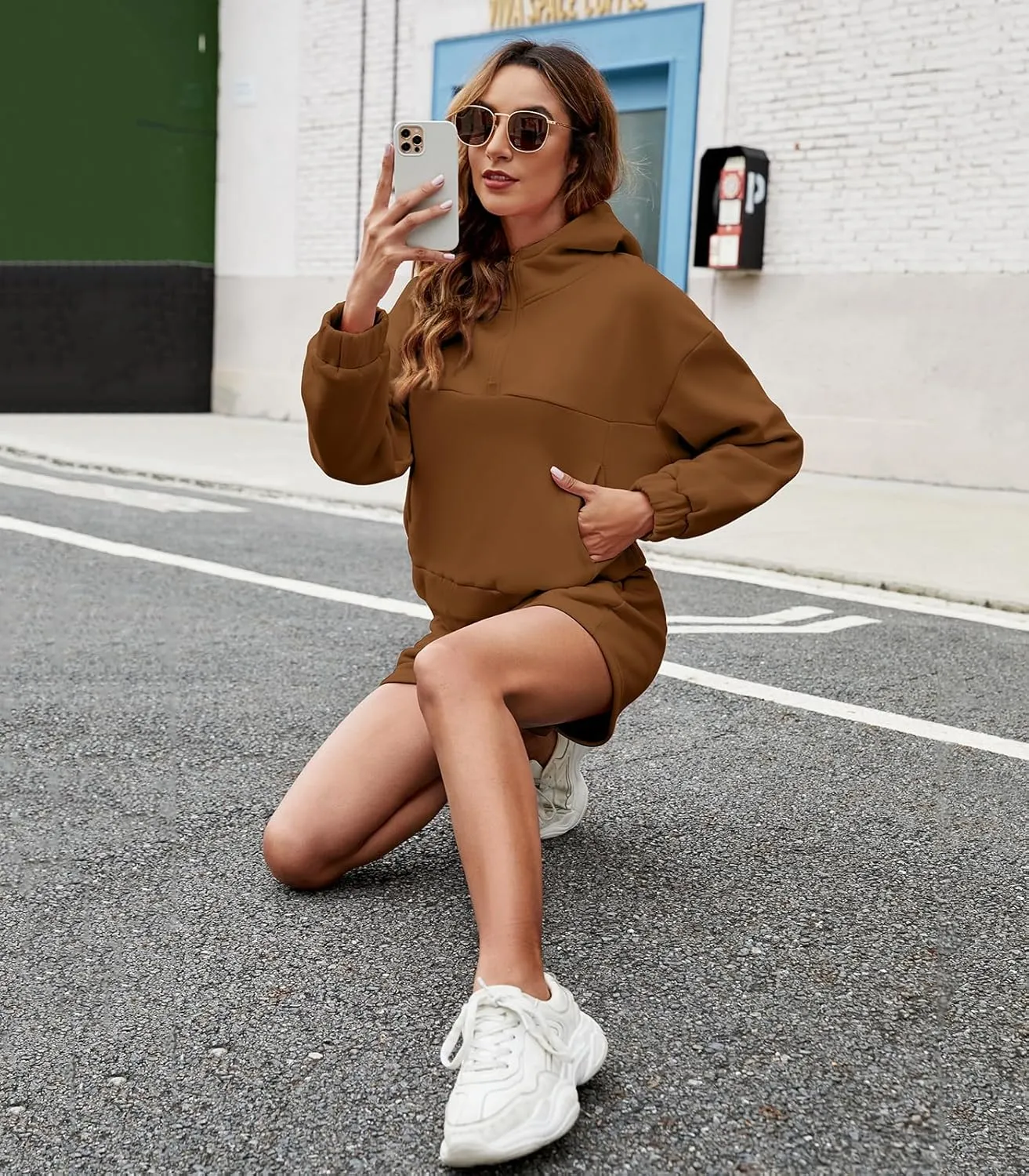 Womens 2 Piece Sweatsuit Outfits Half Zip Hoodie Sweat with Shorts Pockets Lounge Winter Tracksuit Wear Matching Set