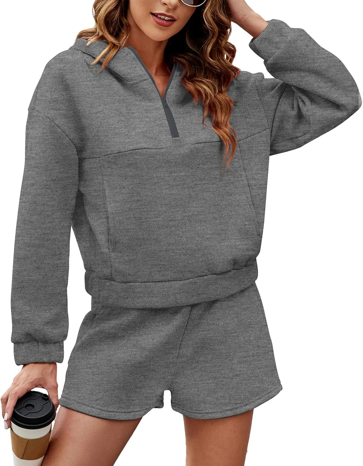 Womens 2 Piece Sweatsuit Outfits Half Zip Hoodie Sweat with Shorts Pockets Lounge Winter Tracksuit Wear Matching Set