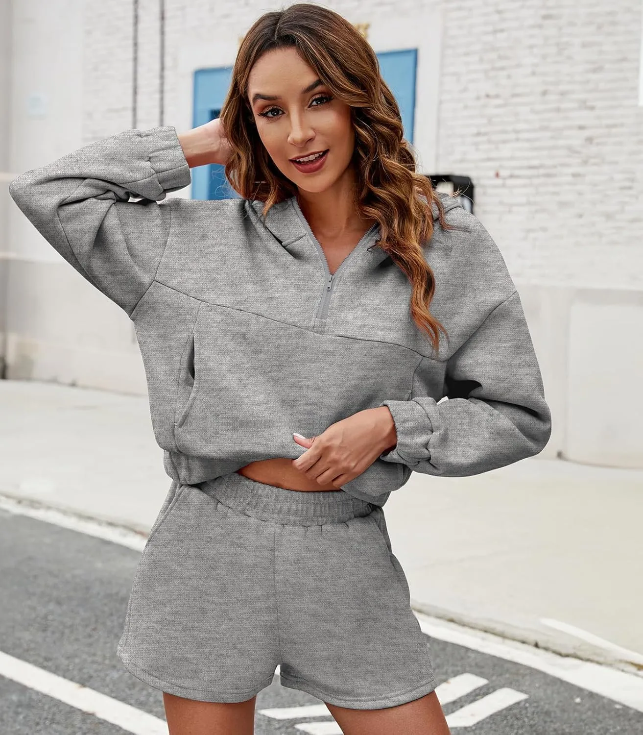 Womens 2 Piece Sweatsuit Outfits Half Zip Hoodie Sweat with Shorts Pockets Lounge Winter Tracksuit Wear Matching Set