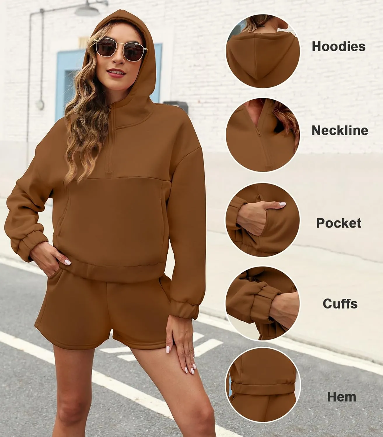 Womens 2 Piece Sweatsuit Outfits Half Zip Hoodie Sweat with Shorts Pockets Lounge Winter Tracksuit Wear Matching Set