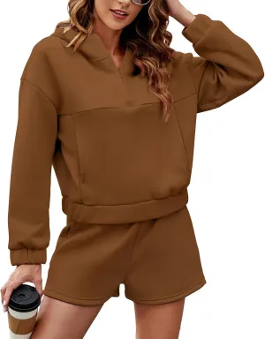 Womens 2 Piece Sweatsuit Outfits Half Zip Hoodie Sweat with Shorts Pockets Lounge Winter Tracksuit Wear Matching Set