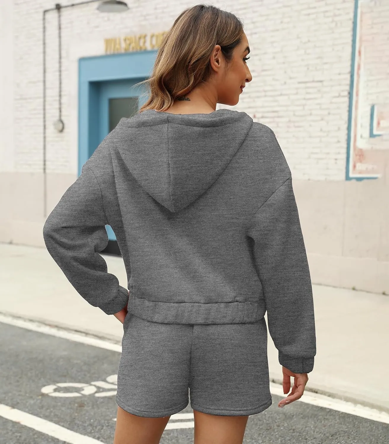Womens 2 Piece Sweatsuit Outfits Half Zip Hoodie Sweat with Shorts Pockets Lounge Winter Tracksuit Wear Matching Set