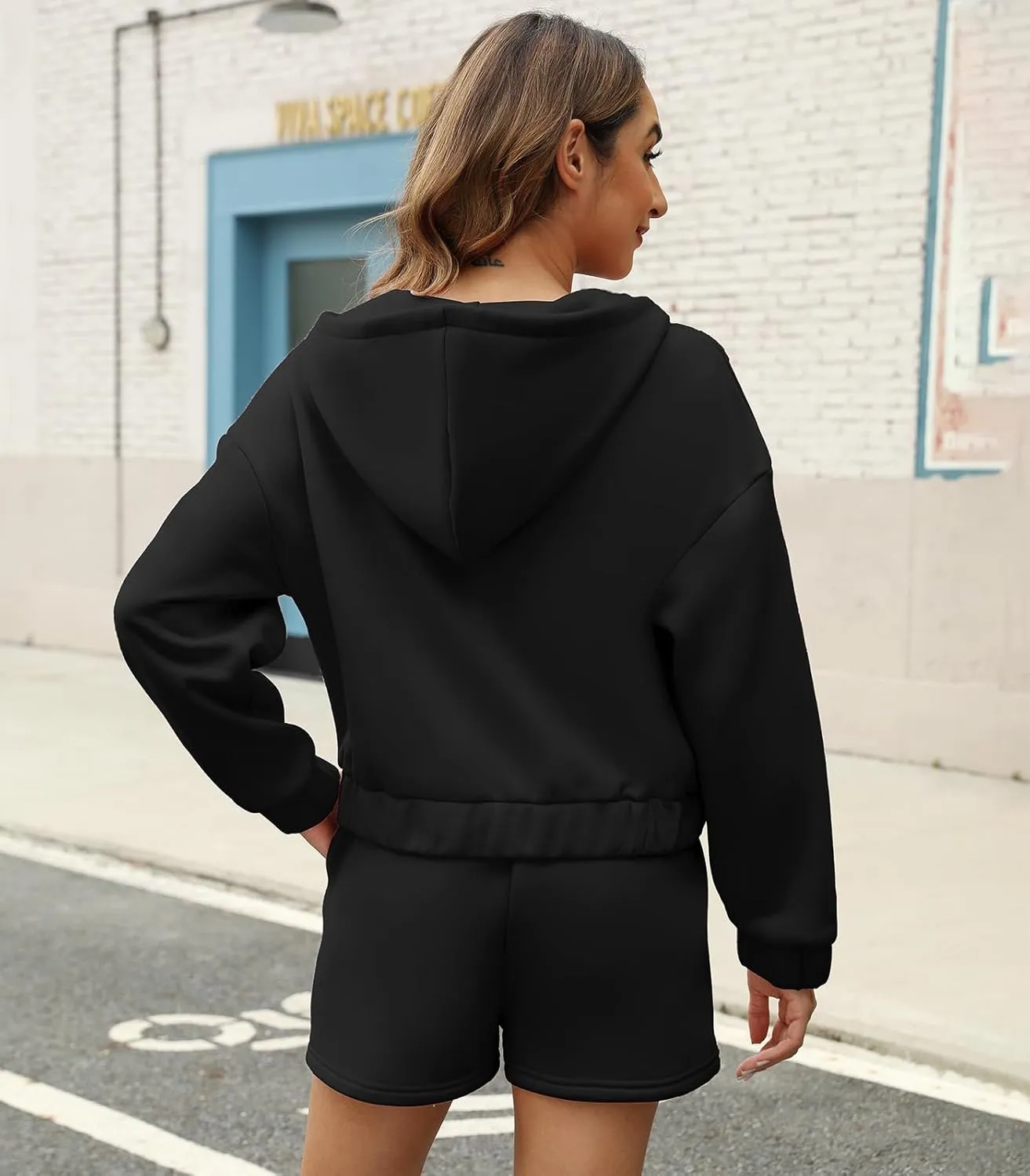 Womens 2 Piece Sweatsuit Outfits Half Zip Hoodie Sweat with Shorts Pockets Lounge Winter Tracksuit Wear Matching Set
