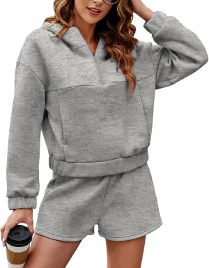 Womens 2 Piece Sweatsuit Outfits Half Zip Hoodie Sweat with Shorts Pockets Lounge Winter Tracksuit Wear Matching Set