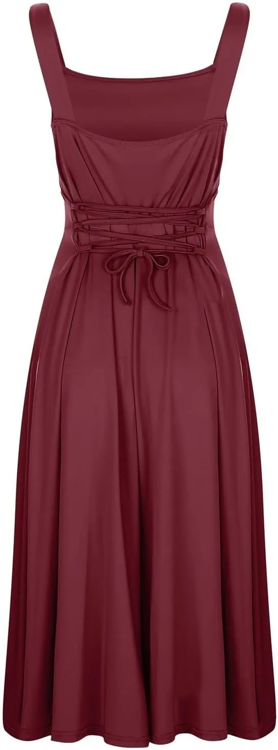 Women's 2025 Summer Sleeveless Midi Dress Square Neck Drawstring Waist Flowy A Line Beach Dresses Tank Dresses for Women
