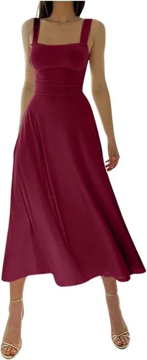Women's 2025 Summer Sleeveless Midi Dress Square Neck Drawstring Waist Flowy A Line Beach Dresses Tank Dresses for Women