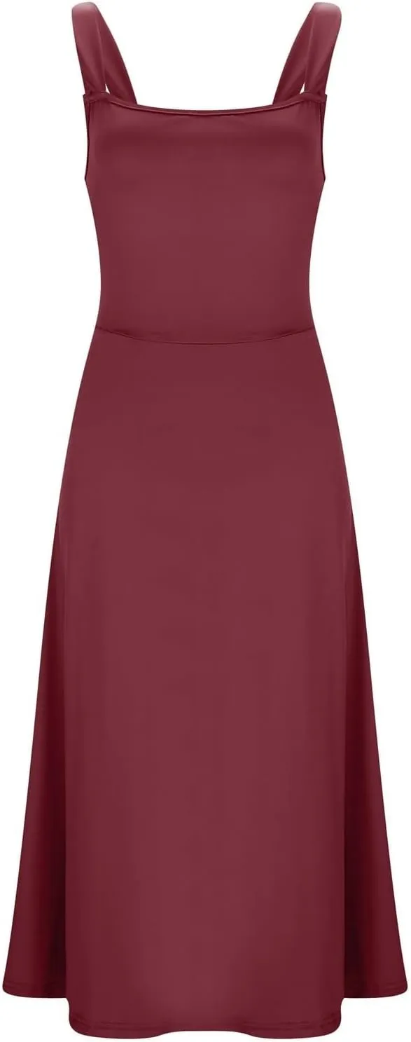 Women's 2025 Summer Sleeveless Midi Dress Square Neck Drawstring Waist Flowy A Line Beach Dresses Tank Dresses for Women
