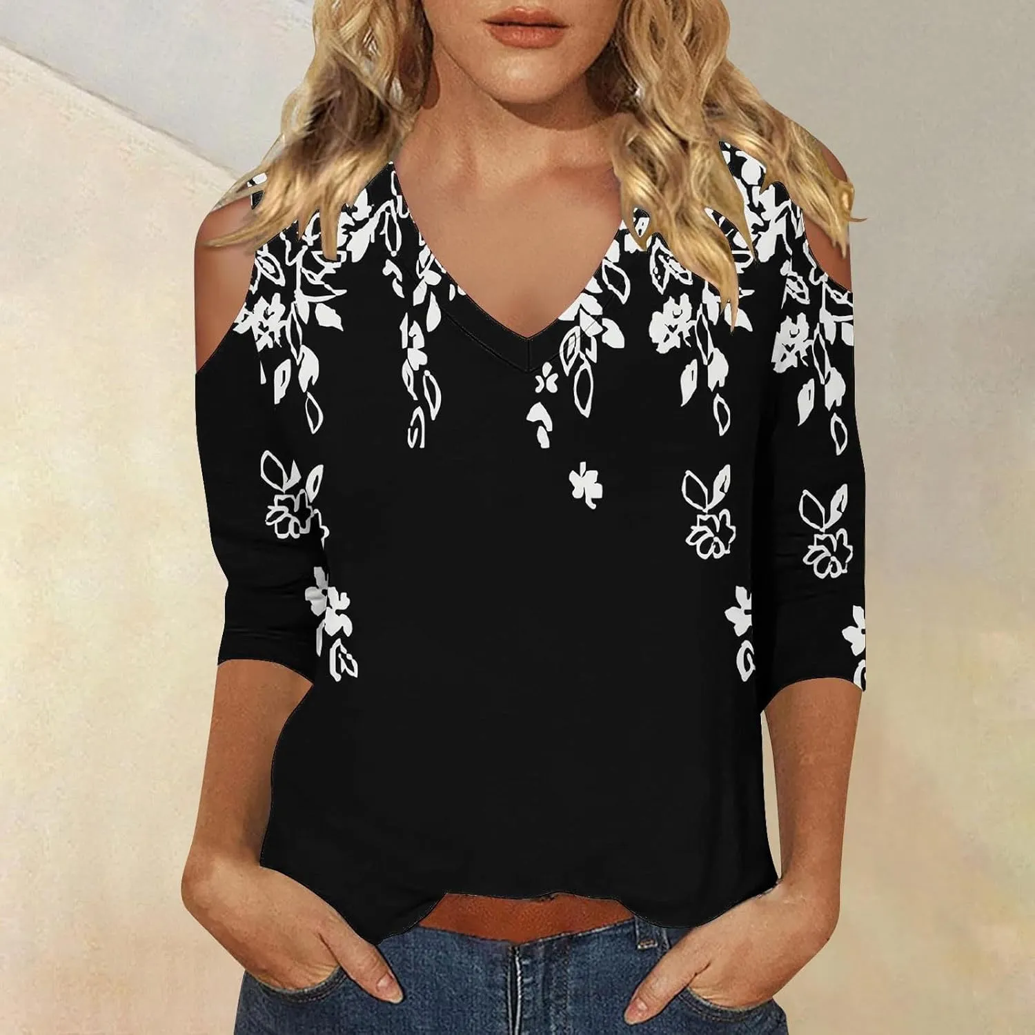 Women's 3/4 Length Sleeve Tops Trendy Dressy Casual V-Neck Loose Soft Lightweight Tunic Blouses T-Shirts Summer
